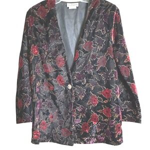 VTG Tres Paquette Black Velvet Floral Blazer Gold Metallic Accents Sz L Y2K BOHO